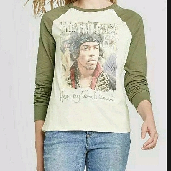 Jimi Hendrix SM '67 Green/Cream Long-Sleeved Baseball Tee - Picture 1 of 6
